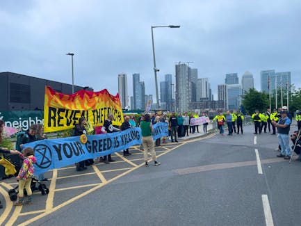 Climate protesters demonstrate outside Shell's annual general meeting in Greenwich, London, Britain, May 21, 2024.