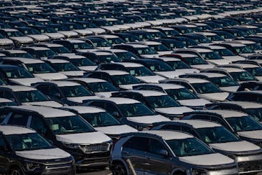 New vehicles are seen at a parking lot in the Port of Richmond, at the bay of San Francisco, California June 8, 2023.