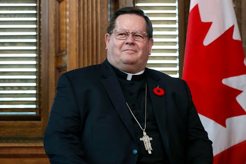 Cardinal Gerald Lacroix, Archbishop of Quebec, takes part in a meeting with Canada's Prime Minister Justin Trudeau in Trudeau's office on Parliament Hill in Ottawa, Ontario, Canada, November 6, 2017.