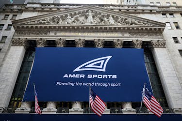 Amer Sports, (AS.N) parent company of sporting goods brands, banner hangs on the front of the New York Stock Exchange (NYSE) during the company's IPO in New York City, U.S., February 1, 2024. 