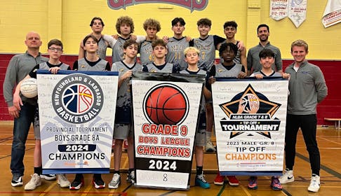 The MacDonald Drive Junior High Grade 8 boys basketball brought home three banners this season including the NLBA Grade 8A provincial championship. They also won the Grade 9 metro championship and the 2023 NLBA Grade 8 Kick-Off Tournament. Contributed photo