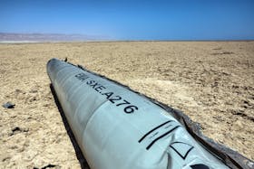 View of the apparent remains of a ballistic missile, as it lies in the desert near the Dead Sea, following a massive missile and drone attack by Iran on Israel, in southern Israel April 21, 2024