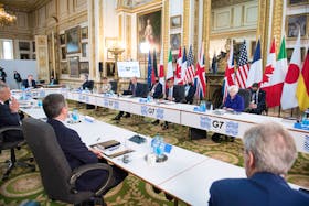 Britain's Chancellor of the Exchequer Rishi Sunak speaks at a meeting of finance ministers from across the G7 nations ahead of the G7 leaders' summit, at Lancaster House in London, Britain June 4, 2021. Stefan Rousseau/PA Wire/Pool via