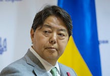 Japan's Foreign Minister Yoshimasa Hayashi attends a joint press conference with Ukraine's Foreign Minister Dmytro Kuleba in Kyiv, Ukraine, 09 September 2023, amid the Russian invasion. SERGEY DOLZHENKO/Pool via