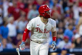 May 21, 2024; Philadelphia, Pennsylvania, USA; ]Philadelphia Phillies first base Bryce Harper (3) hits a home run during the sixth inning against the Texas Rangers at Citizens Bank Park. Mandatory Credit: Bill Streicher-USA TODAY Sports