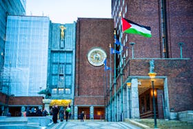 The Palestinian flag was raised in the courtyard outside Oslo City Hall on Wednesday morning in Oslo, Norway, November 29, 2023. NTB/Ole Berg-Rusten/via