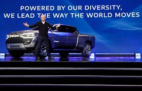 Stellantis CEO Carlos Tavares poses in front of the Ram 1500 Revolution electric concept pickup truck during a Stellantis keynote address at CES 2023, an annual consumer electronics trade show, in Las Vegas, Nevada, U.S. January 5, 2023. 