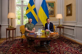 Ukrainian President Volodymyr Zelenskiy meets Swedish Prime Minister Ulf Kristersson at his country retreat in Harpsund, Sweden, August 19, 2023. Ukrainian Presidential Press Service/Handout via