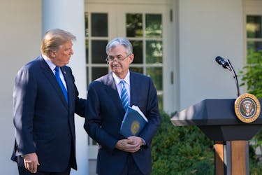 resident Donald Trump with Jerome Powell, his nominee to chair the Federal Reserve, at the White House in Washington, Nov. 2, 2017. Trump has relentlessly criticized Powell in the years since, and a second Trump administration could shake up personnel and financial regulation at America’s central bank, people close to his campaign said. - Tom Brenner/The New York Times