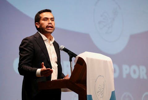 Citizens' Movement party presidential candidate Jorge Alvarez Maynez speaks during an event to sign a peace commitment organized by members of the Catholic Church in Mexico City, Mexico, March 11, 2024.