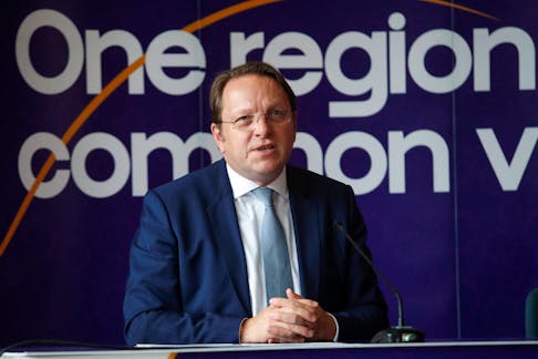 European Commissioner for Neighbourhood and Enlargement, Oliver Varhelyi speaks at a press conference during a summit of leaders of the Western Balkans and the European Union on a growth plan for the Western Balkans in Kotor, Montenegro, May 16, 2024.