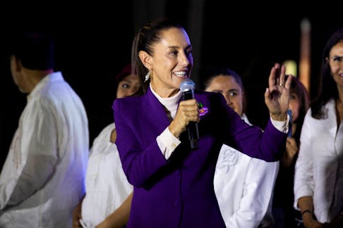 Presidential candidate of the ruling MORENA party Claudia Sheinbaum speaks on the day of the last presidential debate outside the Tlatelolco University Cultural Center, in Mexico City, Mexico, May 19, 2024.