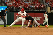 May 21, 2024; St. Louis, Missouri, USA; Baltimore OriolesÕ Jorge Mateo (3) reacts after sliding into second ahead of the tag by St. Louis Cardinals second baseman Nolan Gorman (16) during the fifth inning at Busch Stadium. Mandatory Credit: Jeff Le-USA TODAY Sports