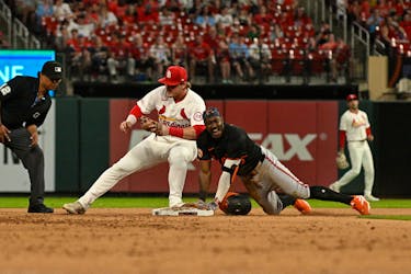 May 21, 2024; St. Louis, Missouri, USA; Baltimore OriolesÕ Jorge Mateo (3) reacts after sliding into second ahead of the tag by St. Louis Cardinals second baseman Nolan Gorman (16) during the fifth inning at Busch Stadium. Mandatory Credit: Jeff Le-USA TODAY Sports