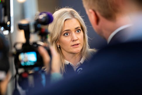 Norwegian Justice Minister Emilie Enger Mehl is interviewed after the news conference on threat and risk assessments in Oslo, Norway February 13, 2023. NTB/Fredrik Varfjell via