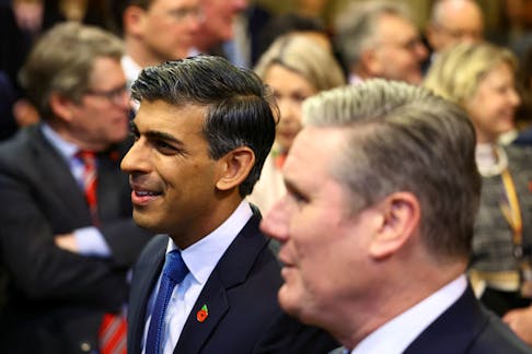 Britain's Prime Minister Rishi Sunak and Labour Party leader Sir Keir Starmer attend the State Opening of Parliament ceremony, at the Houses of Parliament, in London, Britain November 7, 2023.