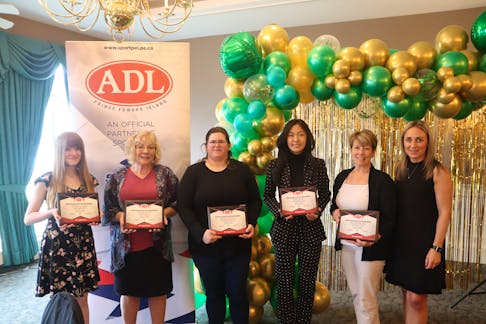 Skate Canada P.E.I. and Amalgamated Dairies Limited (ADL) recently honoured the top performers for the 2023-24 season in Summerside recently. Award recipients were, from left: Saliece Hulbert, Skater Recognition Award; Nicole Kiecks, evaluator of the year; Alyssa Chapman, senior female athlete of the year; Penny Song, junior female athlete of the year; Cindy Stavert, accepting the junior male athlete of the year award on behalf of Callum McEwan, and Amy MacMillan, Skate Canada P.E.I. president. Contributed