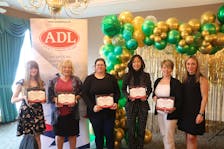 Skate Canada P.E.I. and Amalgamated Dairies Limited (ADL) recently honoured the top performers for the 2023-24 season in Summerside recently. Award recipients were, from left: Saliece Hulbert, Skater Recognition Award; Nicole Kiecks, evaluator of the year; Alyssa Chapman, senior female athlete of the year; Penny Song, junior female athlete of the year; Cindy Stavert, accepting the junior male athlete of the year award on behalf of Callum McEwan, and Amy MacMillan, Skate Canada P.E.I. president. Contributed