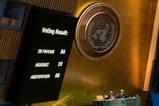 A display shows results of the United Nations General Assembly's vote on the creation of an international day to commemorate the Srebrenica genocide, at the United Nations Headquarters in New York City, U.S. May 23, 2024. 
