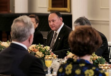 Philippine Secretary of National Defense Gilberto Teodoro attends a meeting with U.S. Secretary of State Antony Blinken, U.S. Secretary of Defense Lloyd J. Austin III, and National Security Advisor Jake Sullivan at the Department of State in Washington, U.S., April 12, 2024.