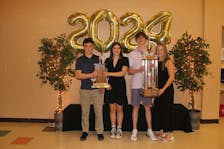 Souris Regional School recently held its 48th All-Awards Banquet for the 2023-24 school year. Major award winners were, from left, Camden MacAulay, junior male athlete of the year; Leah McCarville, junior female athlete of the year; Porter MacKinnon, senior male athlete of the year, and Mia MacKenzie, senior female athlete of the year. Souris Regional School • Special to The Guardian