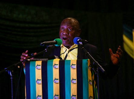 South African President Cyril Ramaphosa speaks at an election rally in Chatsworth, South Africa, May 18, 2024.