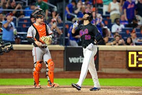 May 24, 2024; New York City, New York, USA; New York Mets designated hitter J.D. Martinez (28) touches home plate after hitting a solo home run against the San Francisco Giants during the fifth inning at Citi Field. Mandatory Credit: Brad Penner-USA TODAY Sports