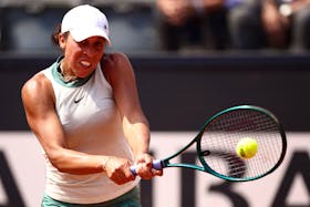 Tennis - Italian Open - Foro Italico, Rome, Italy - May 14, 2024 Madison Keys of the U.S. in action during her quarter final match against Poland's Iga Swiatek