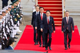Japanese Prime Minister Fumio Kishida arrives to attend the trilateral summit with his South Korean and Chinese counterparts in Seoul, South Korea, May 26, 2024.