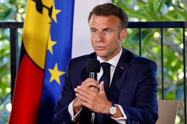 French President Emmanuel Macron speaks during a meeting with New Caledonia's elected officials at the French High Commissioner Louis Le Franc's residence in Noumea, France's Pacific territory of New Caledonia on May 23, 2024. LUDOVIC MARIN/Pool via