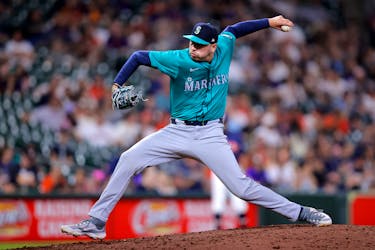 May 4, 2024; Houston, Texas, USA; Seattle Mariners pitcher Tayler Saucedo (60) delivers a pitch against the Houston Astros during the ninth inning at Minute Maid Park. Mandatory Credit: Erik Williams-USA TODAY Sports/File Photo