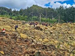 View of the damage after a landslide in Maip Mulitaka, Enga province, Papua New Guinea May 24, 2024 in this obtained image. Emmanuel Eralia via REUTERS