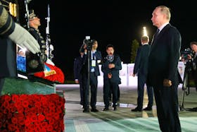 Russian President Vladimir Putin takes part in a wreath-laying ceremony at the Monument to the Independence of Uzbekistan, in Tashkent, Uzbekistan May 26, 2024. Sputnik/Andrey Gordeev/Pool via REUTERS