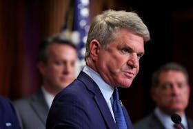 Foreign Affairs Committee Chairman Michael McCaul (R-TX) speaks alongside House Republican impeachment managers and other Senate Republicans during a press conference on the impeachment of U.S. Secretary of  Department of Homeland Security, Alejandro Mayorkas on Capitol Hill in Washington, U.S., April 16, 2024.