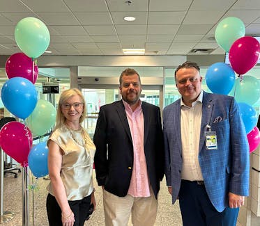 Joyce Carter, left, president & ceo, Halifax International Airport Authority, Adam Scott, founder and ceo, BermudAir and Mike Savage, HRM mayor celebrates its inaugural Halifax flight with local officials at Halifax Stanfield International Airport.