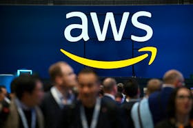 An Amazon Web Services (AWS) logo is pictured during a trade fair in Hannover Messe, in Hanover, Germany, April 22, 2024. 