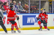 Drummondville Voltigeurs captain Luke Woodworth celebrates his goal against the Saginaw Spirit at the Memorial Cup in Saginaw, Michigan on Sunday. - Eric Young / CHL