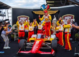 May 26, 2024; Indianapolis, Indiana, USA; Indycar Series driver Josef Newgarden celebrates after winning the 108th running of the Indianapolis 500 at Indianapolis Motor Speedway. Mandatory Credit: Mark J. Rebilas-USA TODAY Sports