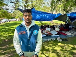 Rupinder Pal Singh and about a dozen foreign workers set up camp outside the George Coles Building on May 27 as part of a hunger strike that started last week in protest of recent changes to the province’s immigration policy. Thinh Nguyen • The Guardian