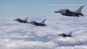 STORY: :: South Korea releases footage of its forces conducting fighter jet drills :: after North Korea announced plans to launch a satellite :: Released May 27, 2024 :: South Korea’s Joint Chiefs of Staff Handout In video footage released by the Joint Chiefs of Staff on Monday, F-35A, FA-50 and KF-16 fighter jets were shown flying in formation in airspace said to be south of the no-fly zone