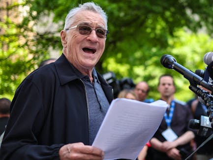 Robert De Niro speaks in support of U.S. President Joe Biden outside of Manhattan Criminal Court as former U.S. President and Republican presidential candidate Donald Trump attends his criminal trial for allegedly covering up hush money payments in New York City, on May 28, 2024. 