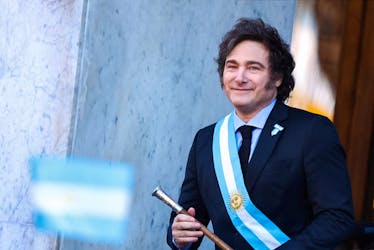 Argentina's President Javier Milei takes the stage outside the Cabildo during the commemoration of the 214th anniversary of the May Revolution, in Cordoba, Argentina May 25, 2024.