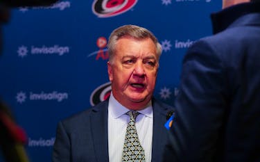 Jan 11, 2024; Raleigh, North Carolina, USA; Carolina Hurricanes general manger Don Waddell talks to the press between the 1st and 2nd period against the Anaheim Ducks at PNC Arena. Mandatory Credit: James Guillory-USA TODAY Sports/File Photo