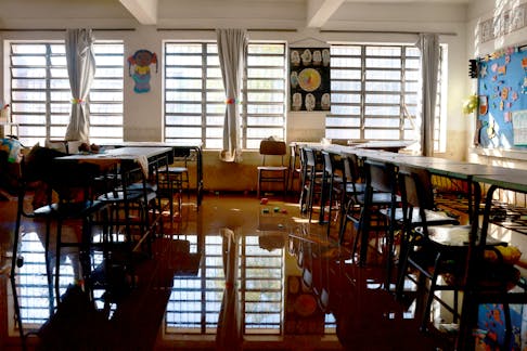 A flooded classroom is seen at the Brasilia school after floods due to heavy rains in Porto Alegre, Rio Grande do Sul, Brazil, May 22, 2024.