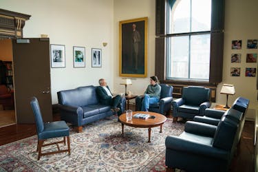 Author Stephen Maher interviews Prime Minister Justin Trudeau in his office in February for Maher's book, The Prince: the Turbulent Reign of Justin Trudeau. - Adam Scotti / Official photographer for the prime minister
