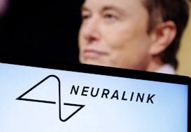 Neuralink logo and Elon Musk photo are seen in this illustration taken, December 19, 2022.