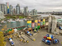 The former Ocean Concrete facility, now known as Heidelberg Materials, on Granville Island would be among the plants closed by a strike.