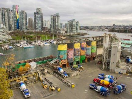 The former Ocean Concrete facility, now known as Heidelberg Materials, on Granville Island would be among the plants closed by a strike.