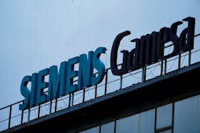 The Siemens Gamesa sign is displayed at the renewable energy company's headquarters in Zamudio, Spain, April 28, 2022.