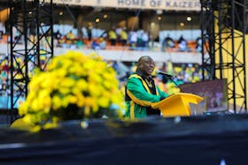 President of the African National Congress (ANC) Cyril Ramaphosa delivers an address to supporters during the political party’s final rally ahead of the upcoming election at FNB stadium in Johannesburg, South Africa, May 25, 2024.